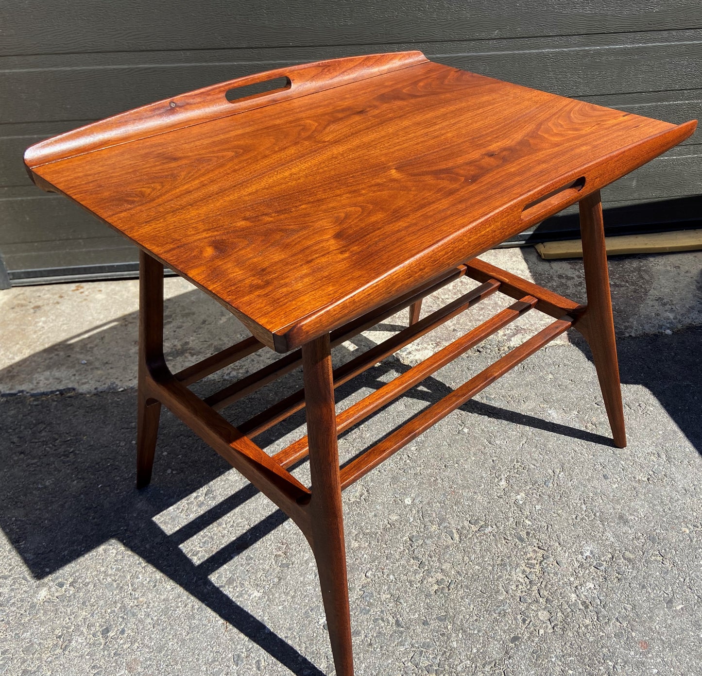 2 REFINISHED Mid Century Modern Walnut tray- style end tables, Perfect
