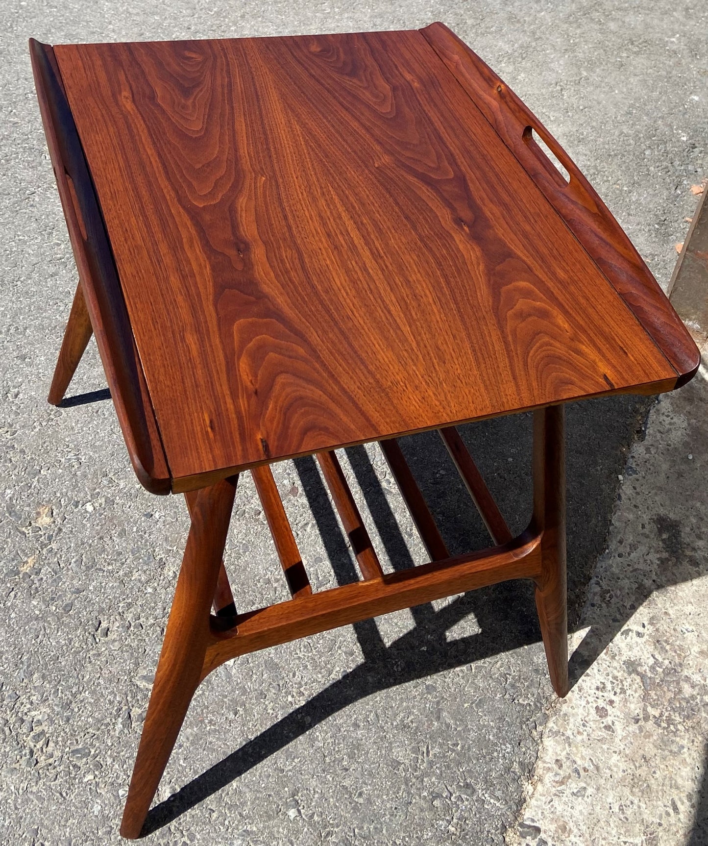2 REFINISHED Mid Century Modern Walnut tray- style end tables, Perfect