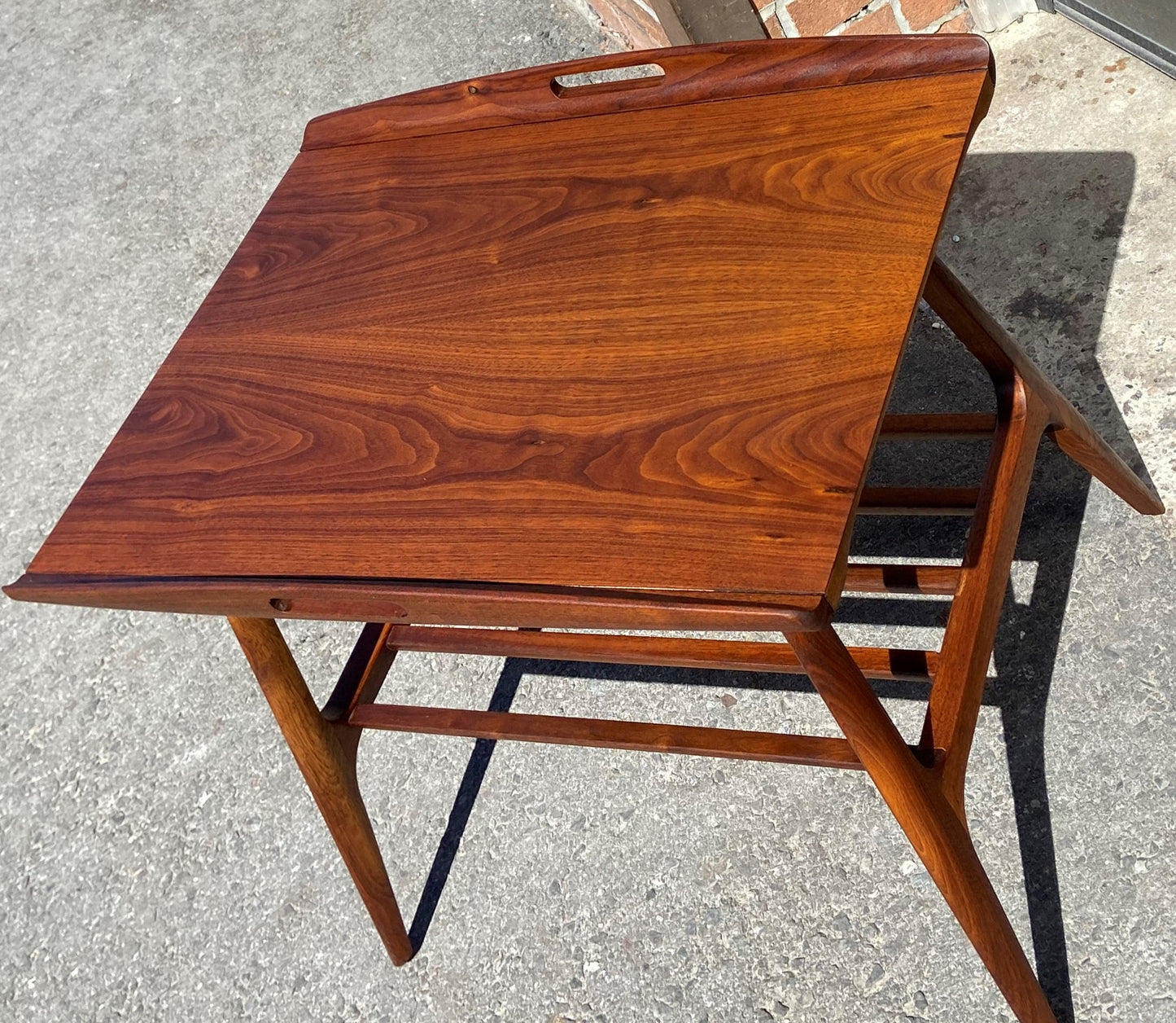 2 REFINISHED Mid Century Modern Walnut tray- style end tables, Perfect