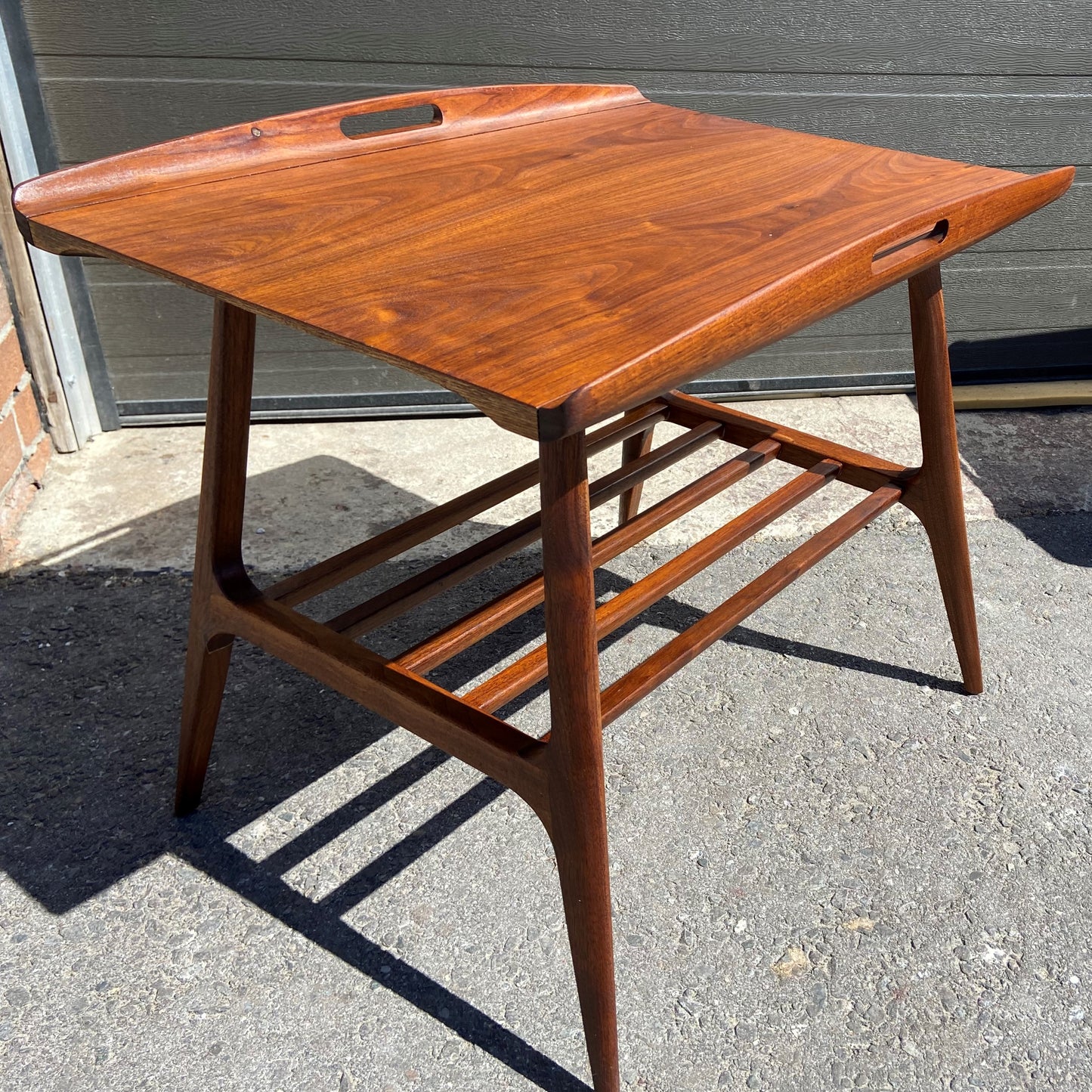 2 REFINISHED Mid Century Modern Walnut tray- style end tables, Perfect