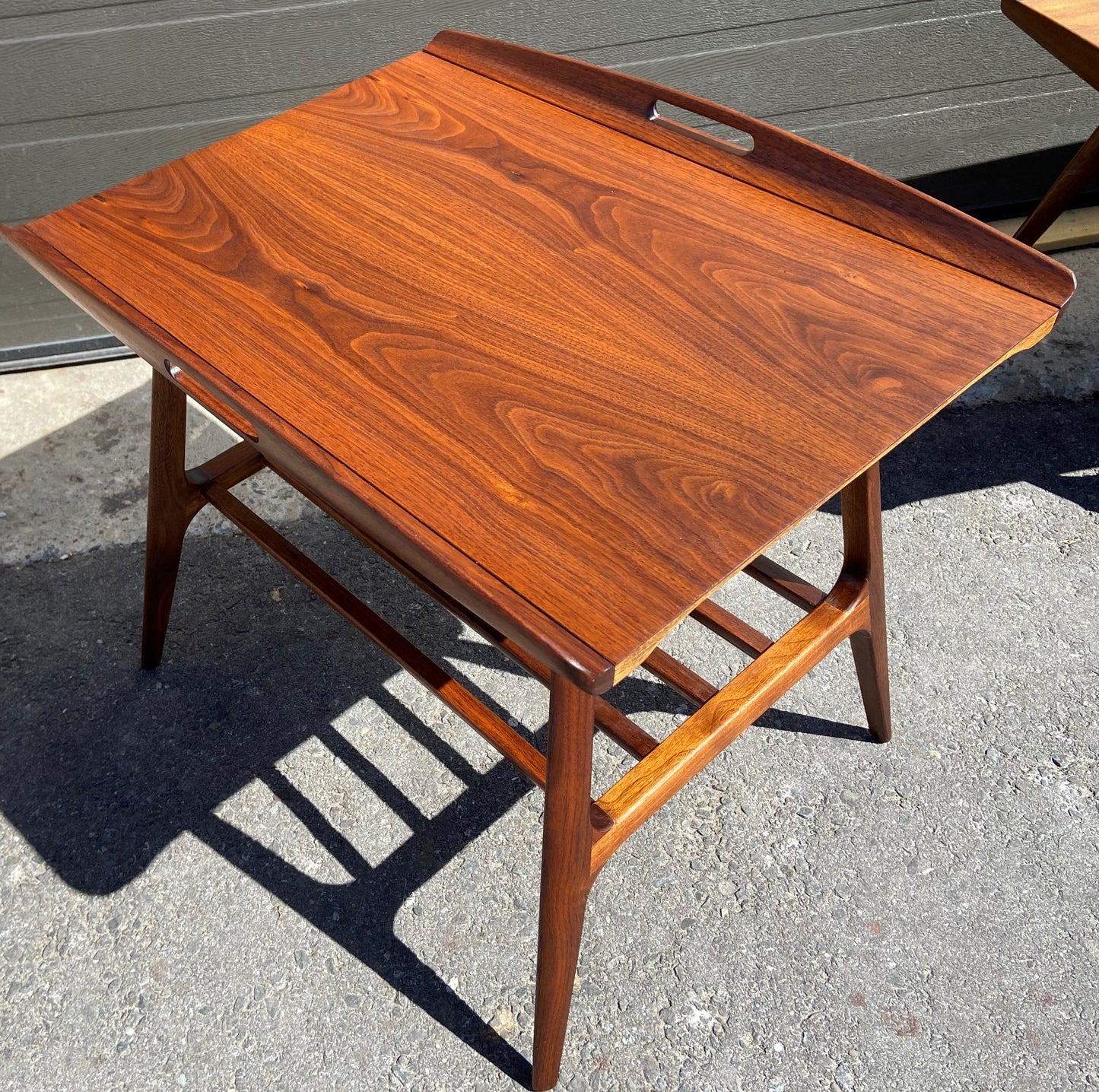 2 REFINISHED Mid Century Modern Walnut tray- style end tables, Perfect