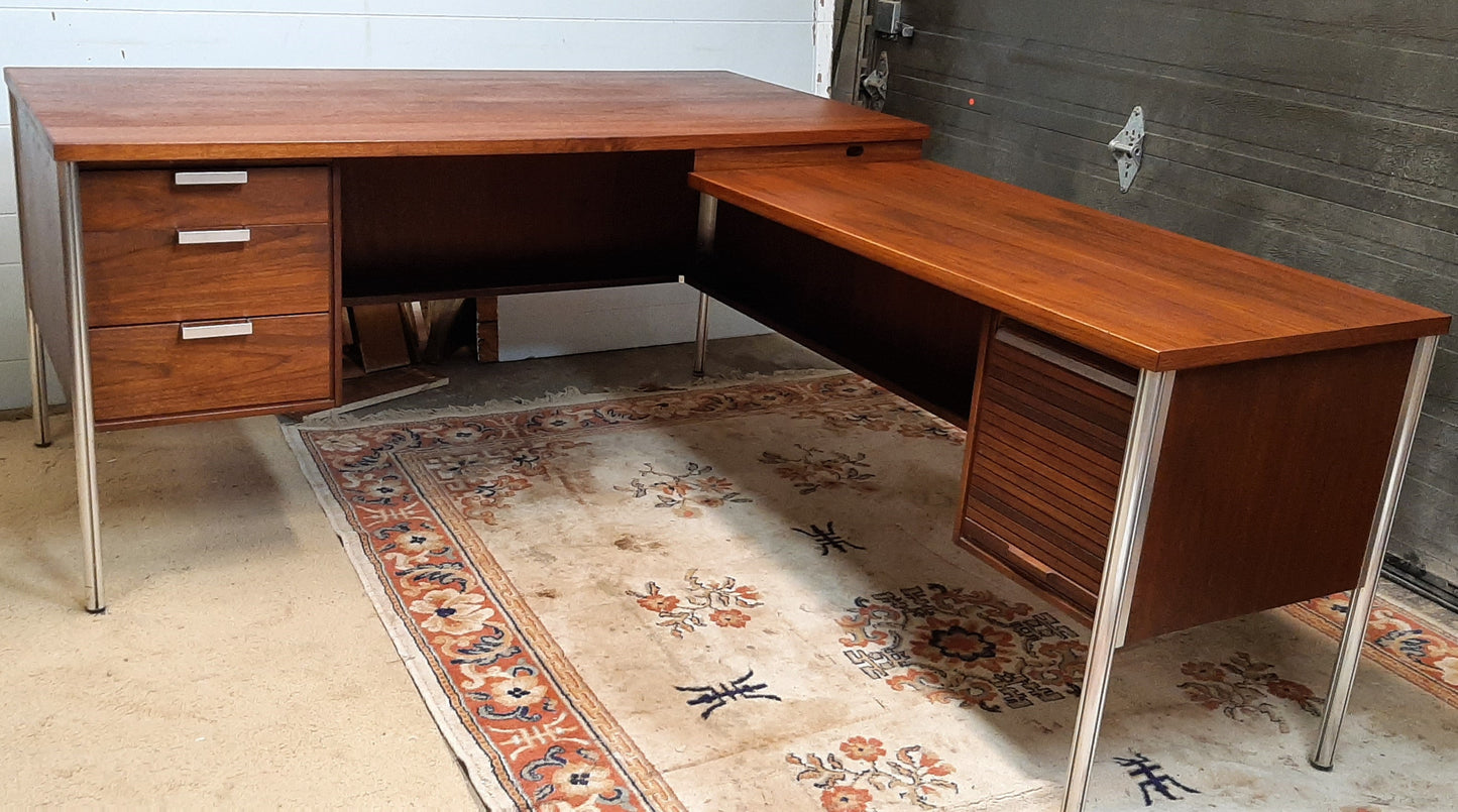 REFINISHED Iconic MCM Executive Walnut Desk L- Shaped by Jacques Guilion PERFECT - Mid Century Modern Toronto