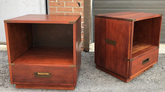 REFINISHED Pair of Mid-Century Solid Mahogany Campaign Nightstands or End /Side Tables with brass hardware - Mid Century Modern Toronto