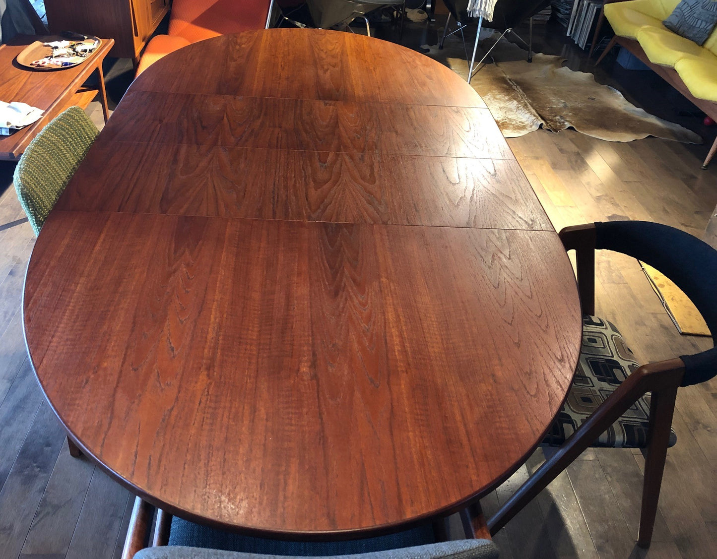 REFINISHED Danish MCM Oval Teak Table w 2 Leaves 57"-83.5", treated for durability - Mid Century Modern Toronto