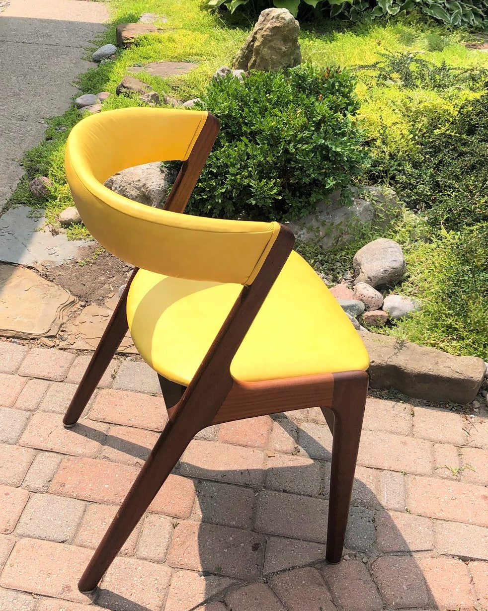 Danish MCM Teak Chair by Kai Kristiansen, model T21 REFINISHED REUPHOLSTERED in yellow leather - Mid Century Modern Toronto