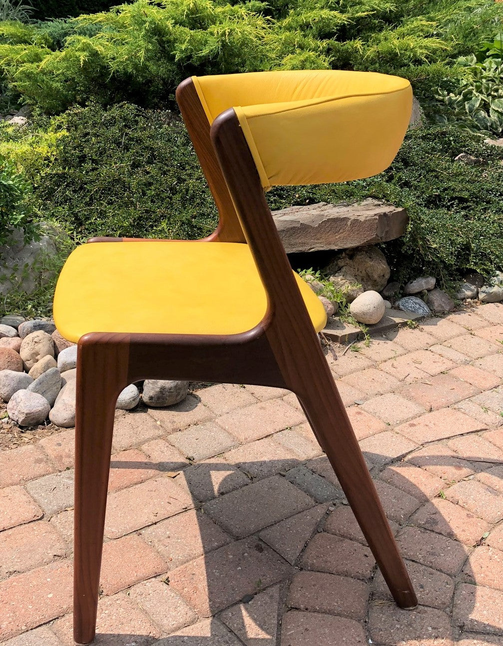 Danish MCM Teak Chair by Kai Kristiansen, model T21 REFINISHED REUPHOLSTERED in yellow leather - Mid Century Modern Toronto