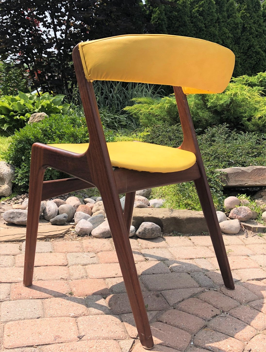 Danish MCM Teak Chair by Kai Kristiansen, model T21 REFINISHED REUPHOLSTERED in yellow leather - Mid Century Modern Toronto