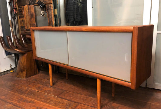 REFINISHED MCM Teak Sideboard Media Console white glass doors, 60"x D 14" x H 31, perfect - Mid Century Modern Toronto