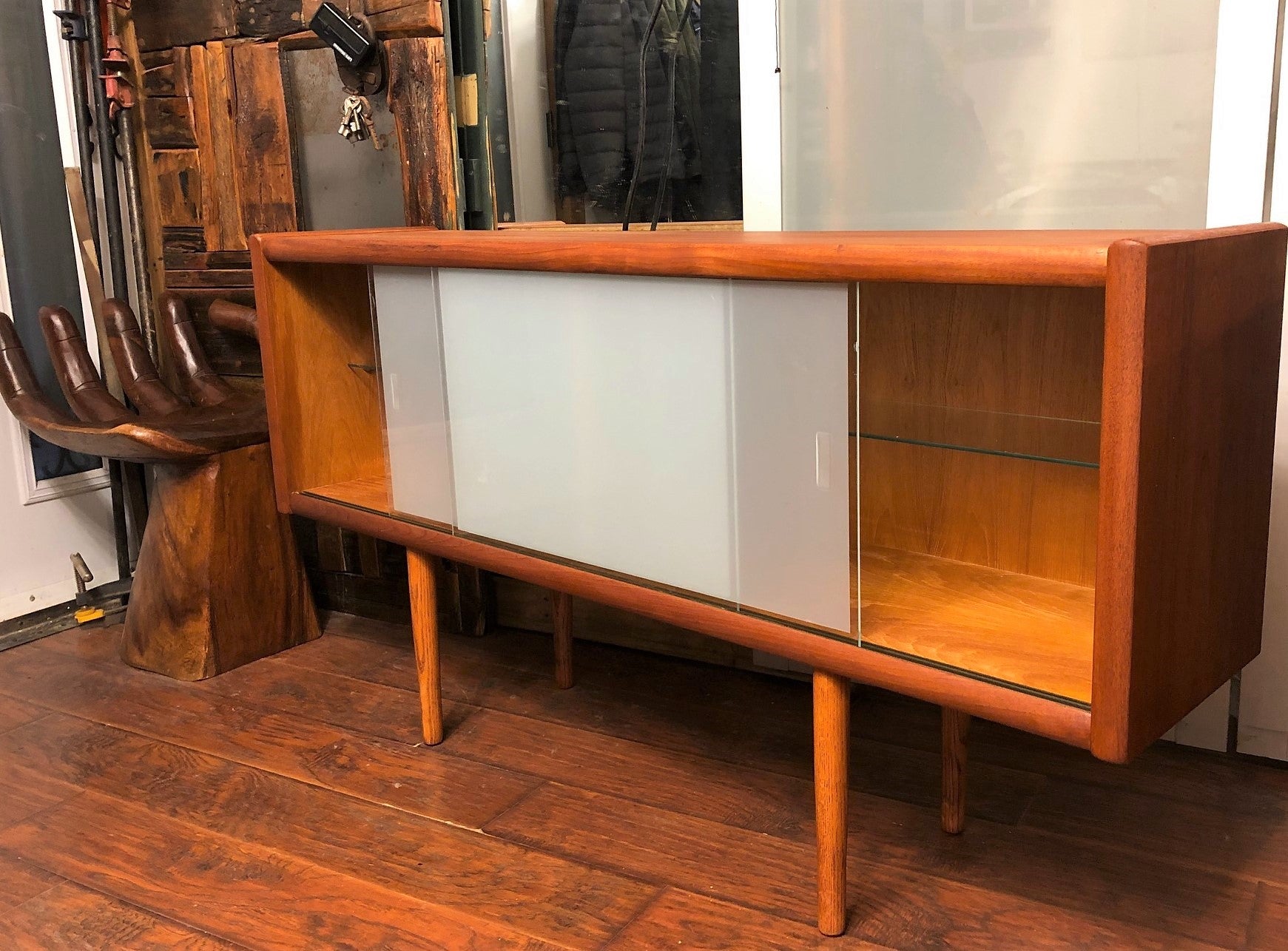 REFINISHED MCM Teak Sideboard Media Console white glass doors, 60"x D 14" x H 31, perfect - Mid Century Modern Toronto