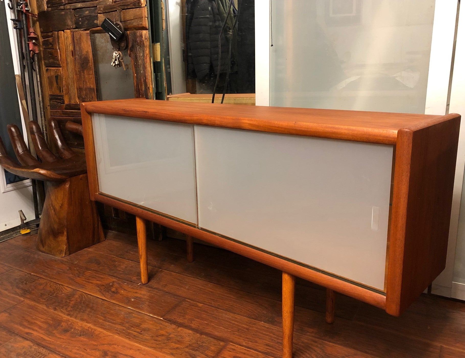REFINISHED MCM Teak Sideboard Media Console white glass doors, 60"x D 14" x H 31, perfect - Mid Century Modern Toronto
