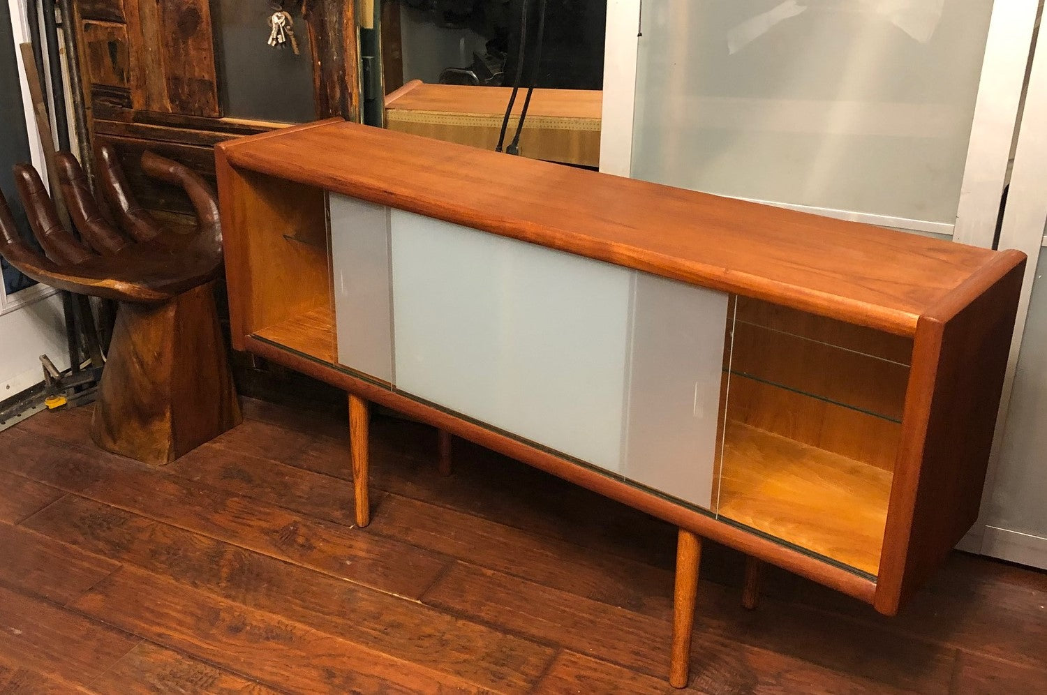 REFINISHED MCM Teak Sideboard Media Console white glass doors, 60"x D 14" x H 31, perfect - Mid Century Modern Toronto
