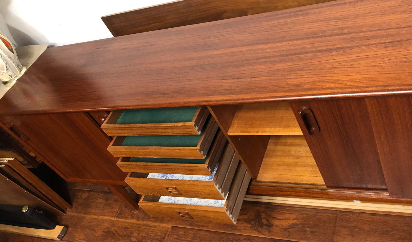 NOT AVAILABLE*****REFINISHED MCM Teak Credenza w 4 sliding doors 86" - Mid Century Modern Toronto