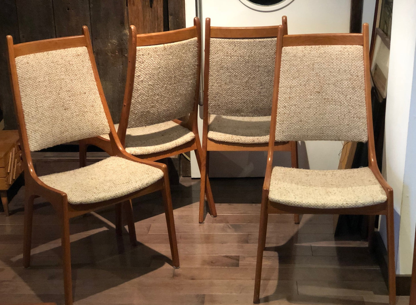 4 MCM Teak high-back chairs REFINISHED custom REUPHOLSTERED in black leatherette for Ted Gzebb - Mid Century Modern Toronto