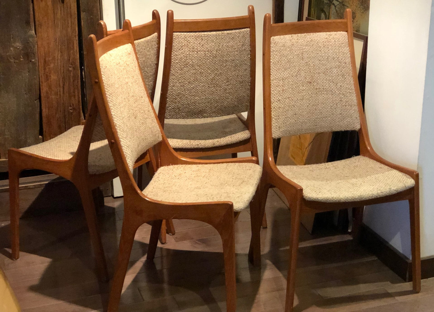 4 MCM Teak high-back chairs REFINISHED custom REUPHOLSTERED in black leatherette for Ted Gzebb - Mid Century Modern Toronto