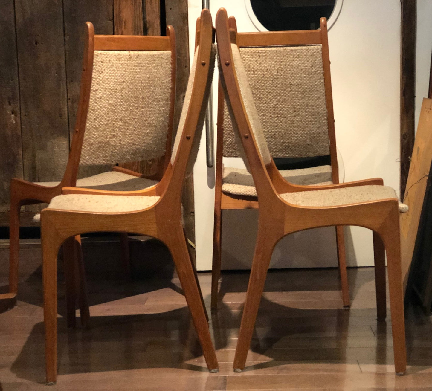 4 MCM Teak high-back chairs REFINISHED custom REUPHOLSTERED in black leatherette for Ted Gzebb - Mid Century Modern Toronto