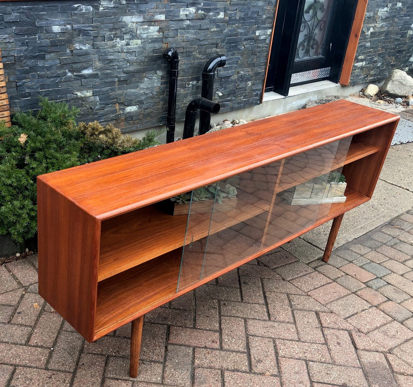 REFINISHED Danish MCM Teak Display or Bookcase, narrow, perfect, 70.5"x H 30" - Mid Century Modern Toronto