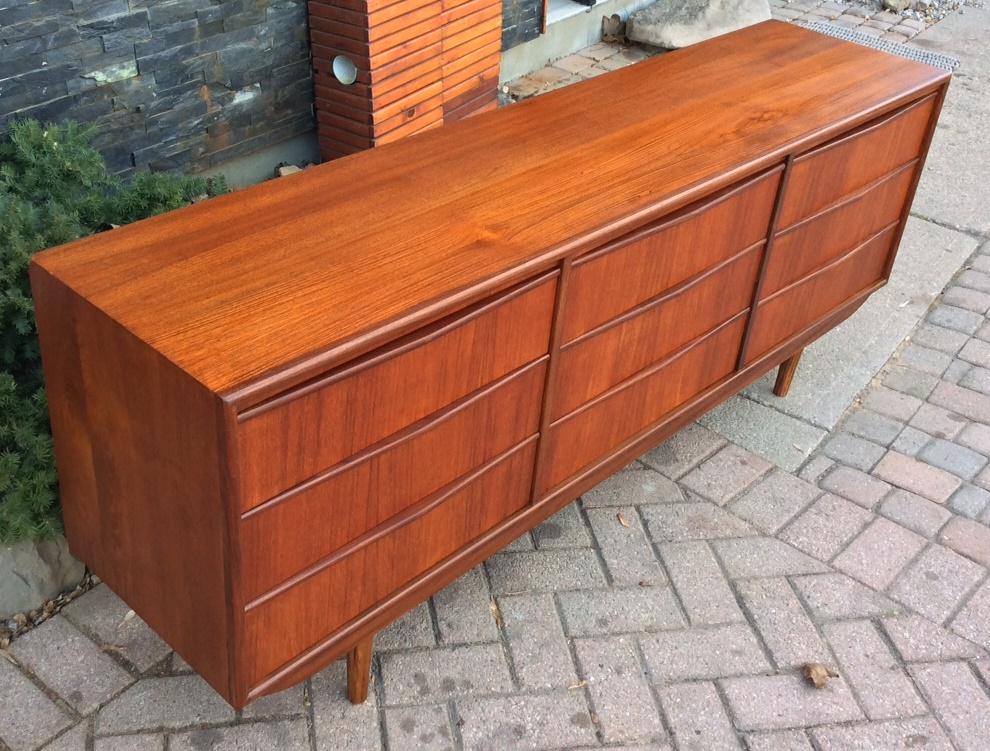 REFINISHED MCM Teak 9 Drawers Dresser, Tallboy, Headboard with nightstands and metal bed frame Queen- PERFECT - Mid Century Modern Toronto