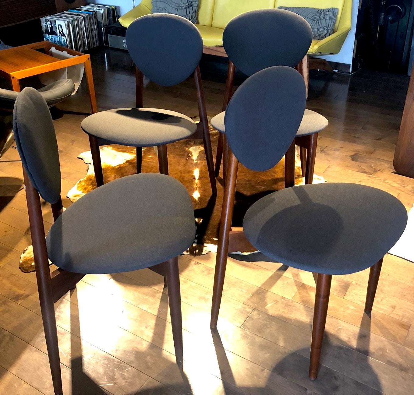 4 REUPHOLSTERED MCM Teak Chairs, dark grey Maharam, each $175 only - Mid Century Modern Toronto