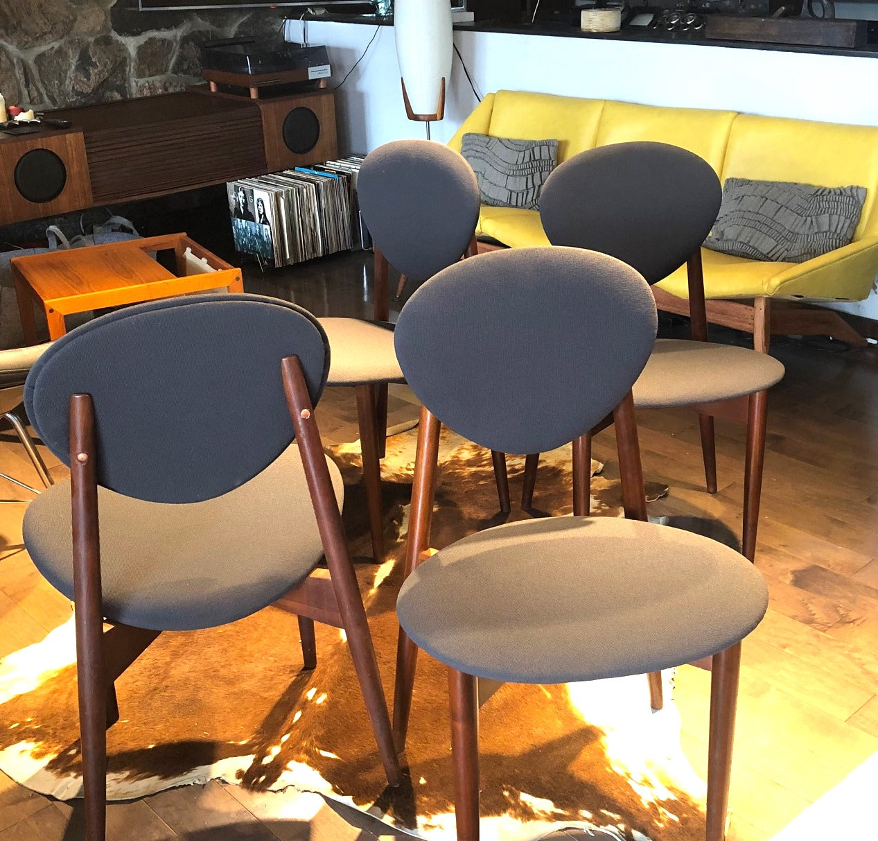 4 REUPHOLSTERED MCM Teak Chairs, dark grey Maharam, each $175 only - Mid Century Modern Toronto