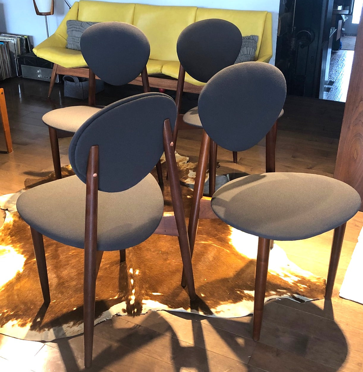 4 REUPHOLSTERED MCM Teak Chairs, dark grey Maharam, each $175 only - Mid Century Modern Toronto
