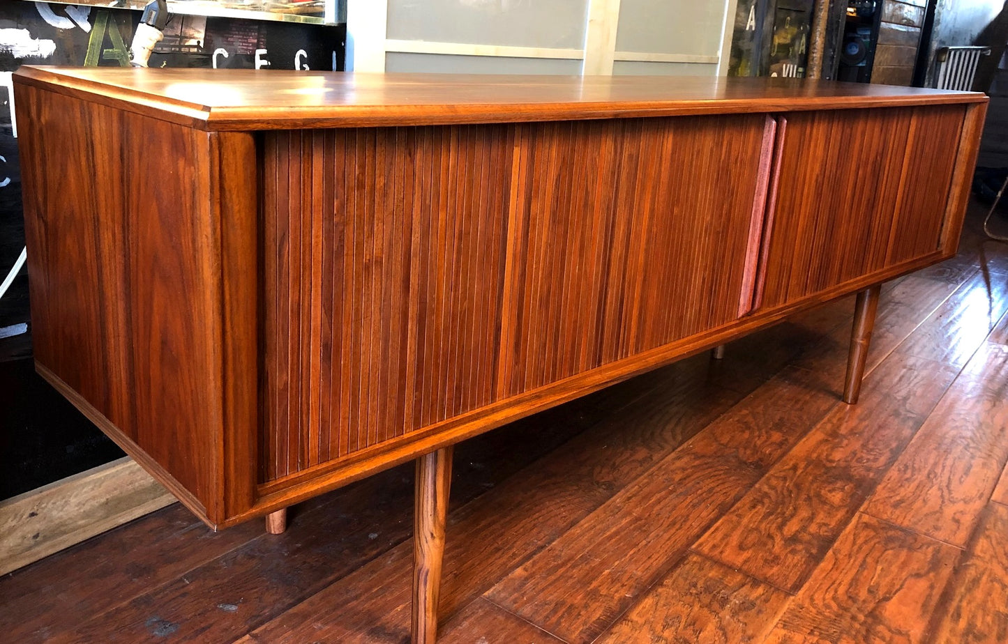 NOT AVAILABLE *****REFINISHED MCM Walnut TV Records Console Bar w Tambour door, Low Profile 6 ft - Mid Century Modern Toronto