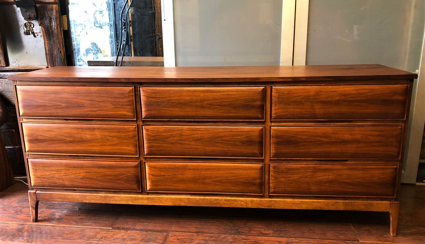 REFINISHED MCM Walnut 9 Drawers Dresser 3-Dimensional Front 6ft, perfect. Night Stands in separate listing - Mid Century Modern Toronto