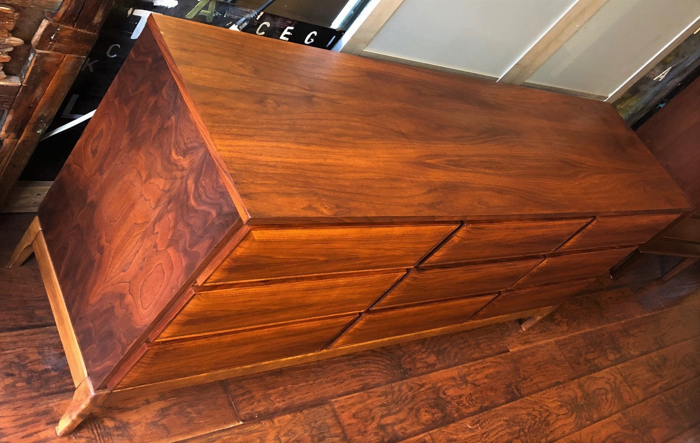REFINISHED MCM Walnut 9 Drawers Dresser 3-Dimensional Front 6ft, perfect. Night Stands in separate listing - Mid Century Modern Toronto