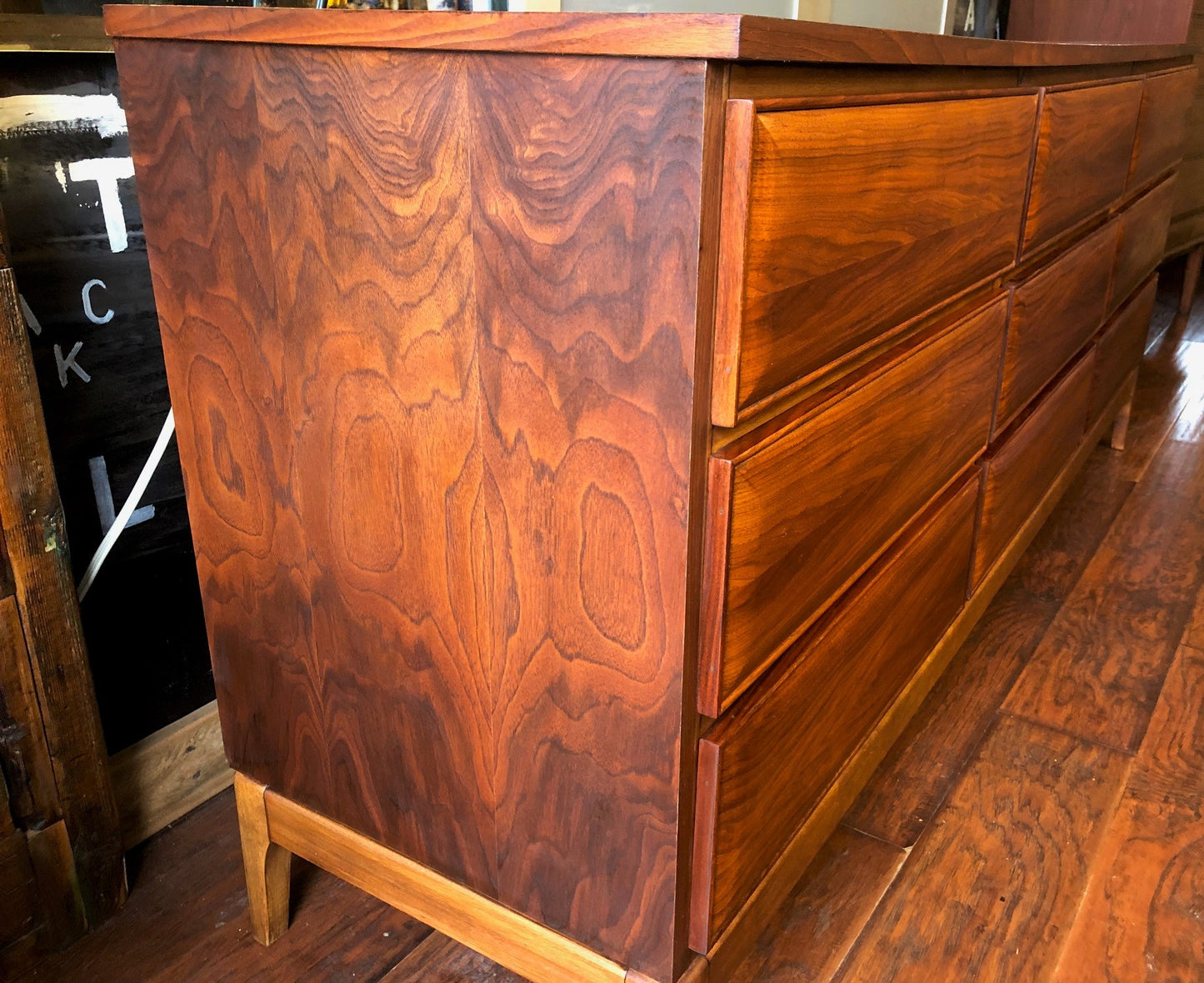 REFINISHED MCM Walnut 9 Drawers Dresser 3-Dimensional Front 6ft, perfect. Night Stands in separate listing - Mid Century Modern Toronto