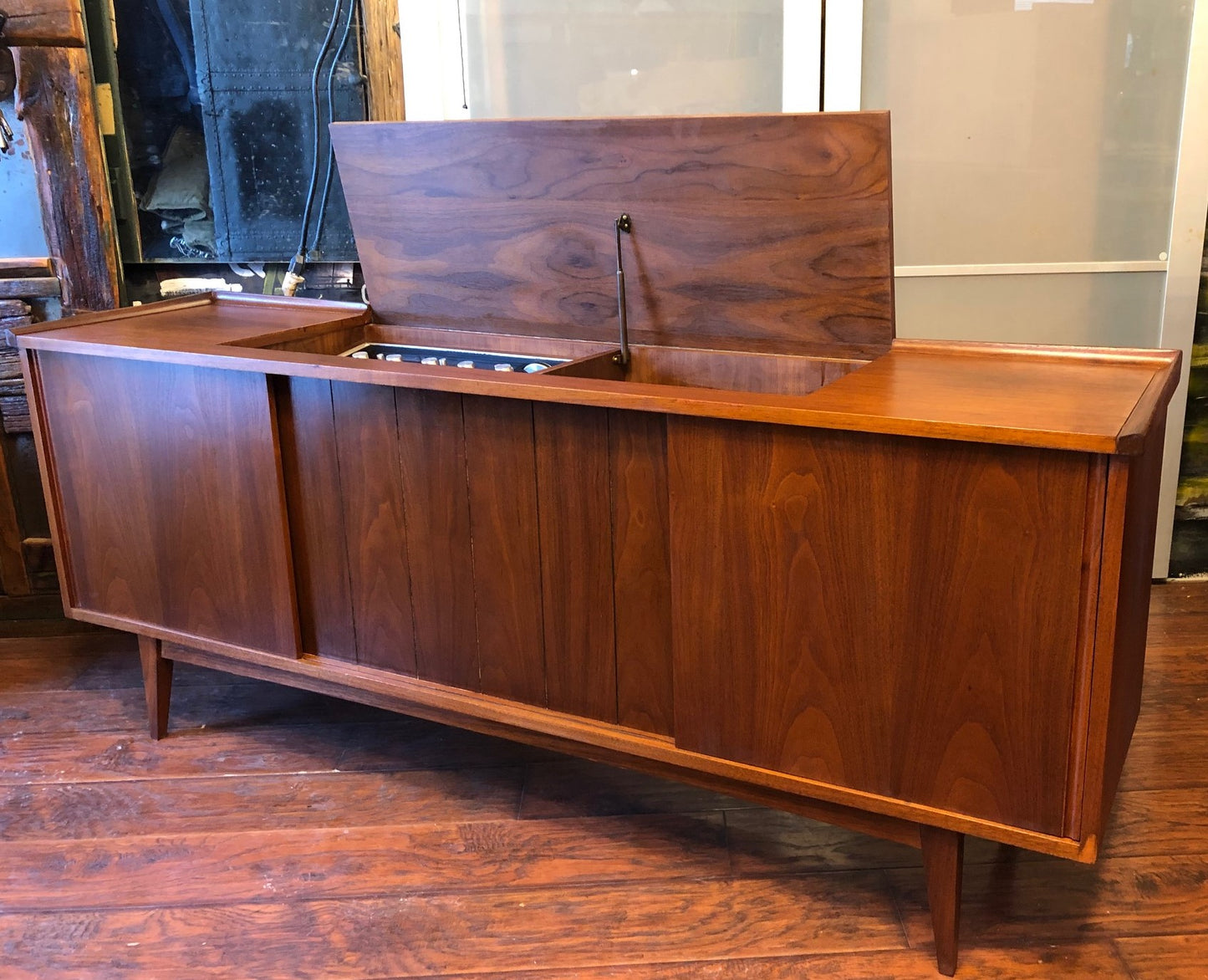 REFINISHED MCM Walnut Console 66", PERFECT with Garrard turntable & Marantz receiver - Mid Century Modern Toronto