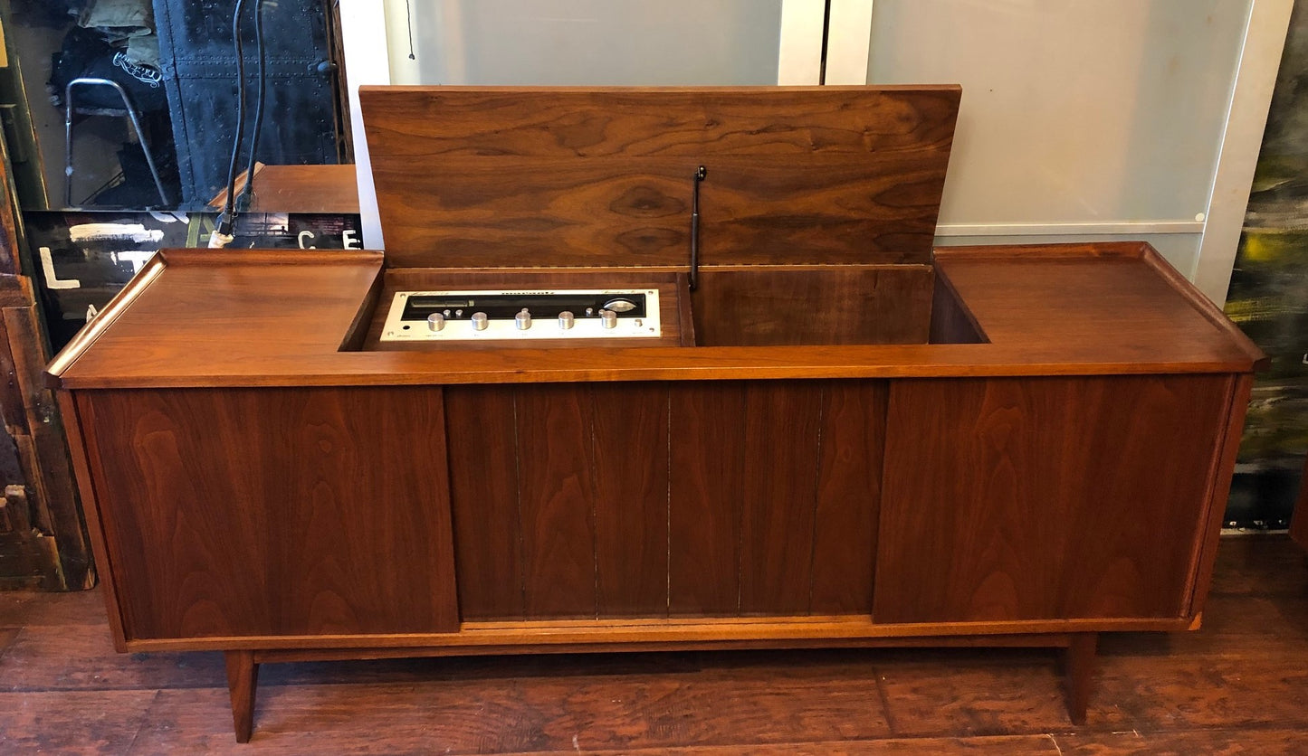 REFINISHED MCM Walnut Console 66", PERFECT with Garrard turntable & Marantz receiver - Mid Century Modern Toronto