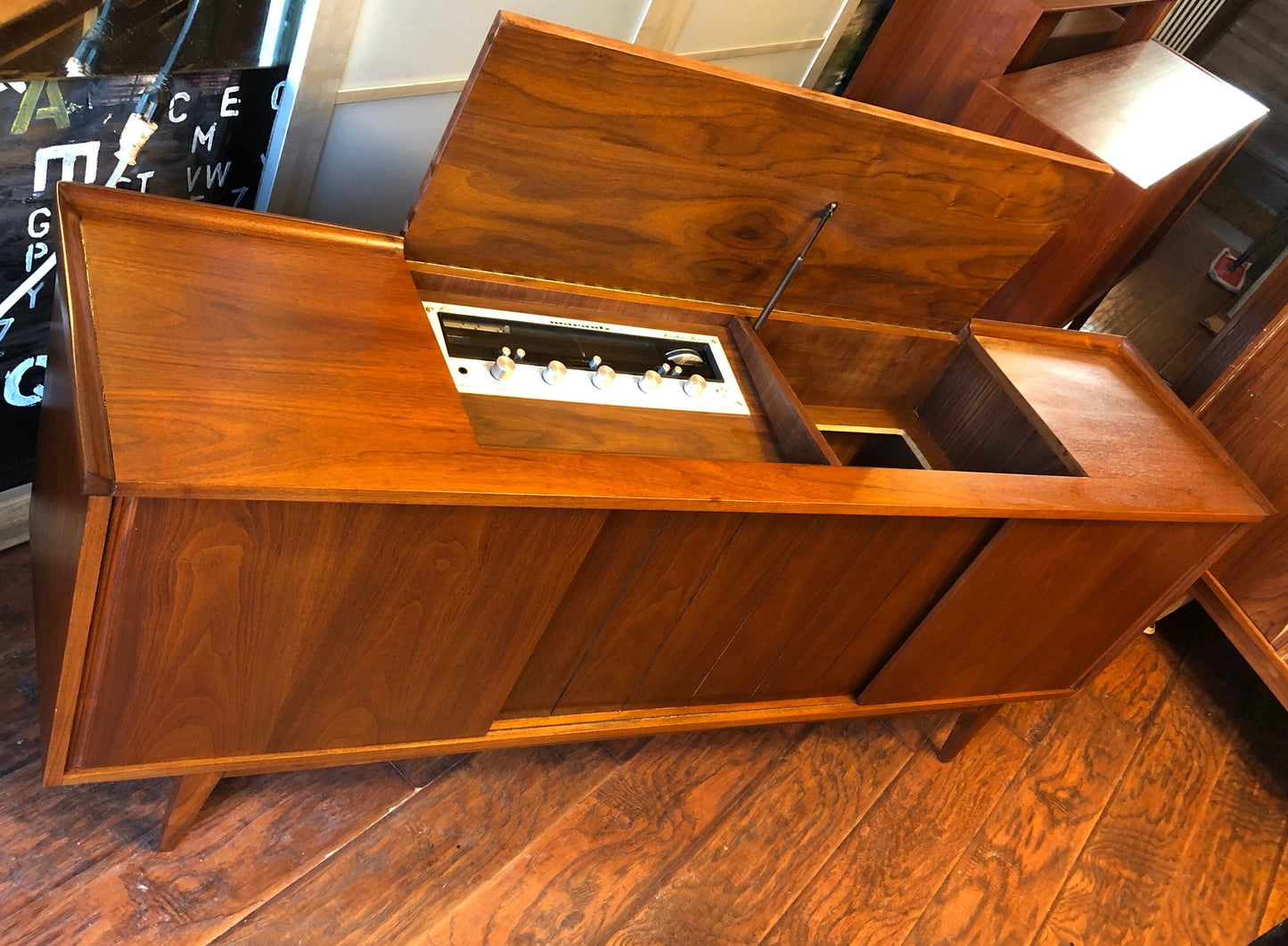 REFINISHED MCM Walnut Console 66", PERFECT with Garrard turntable & Marantz receiver - Mid Century Modern Toronto