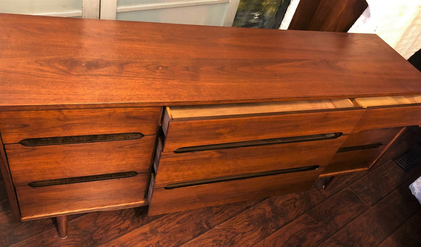 REFINISHED MCM walnut dresser 9 drawers custom crafted 66", PERFECT - Mid Century Modern Toronto