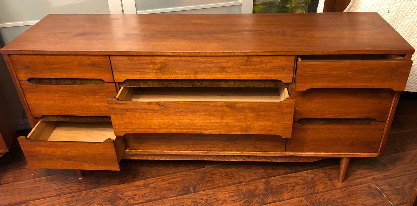 REFINISHED MCM walnut dresser 9 drawers custom crafted 66", PERFECT - Mid Century Modern Toronto