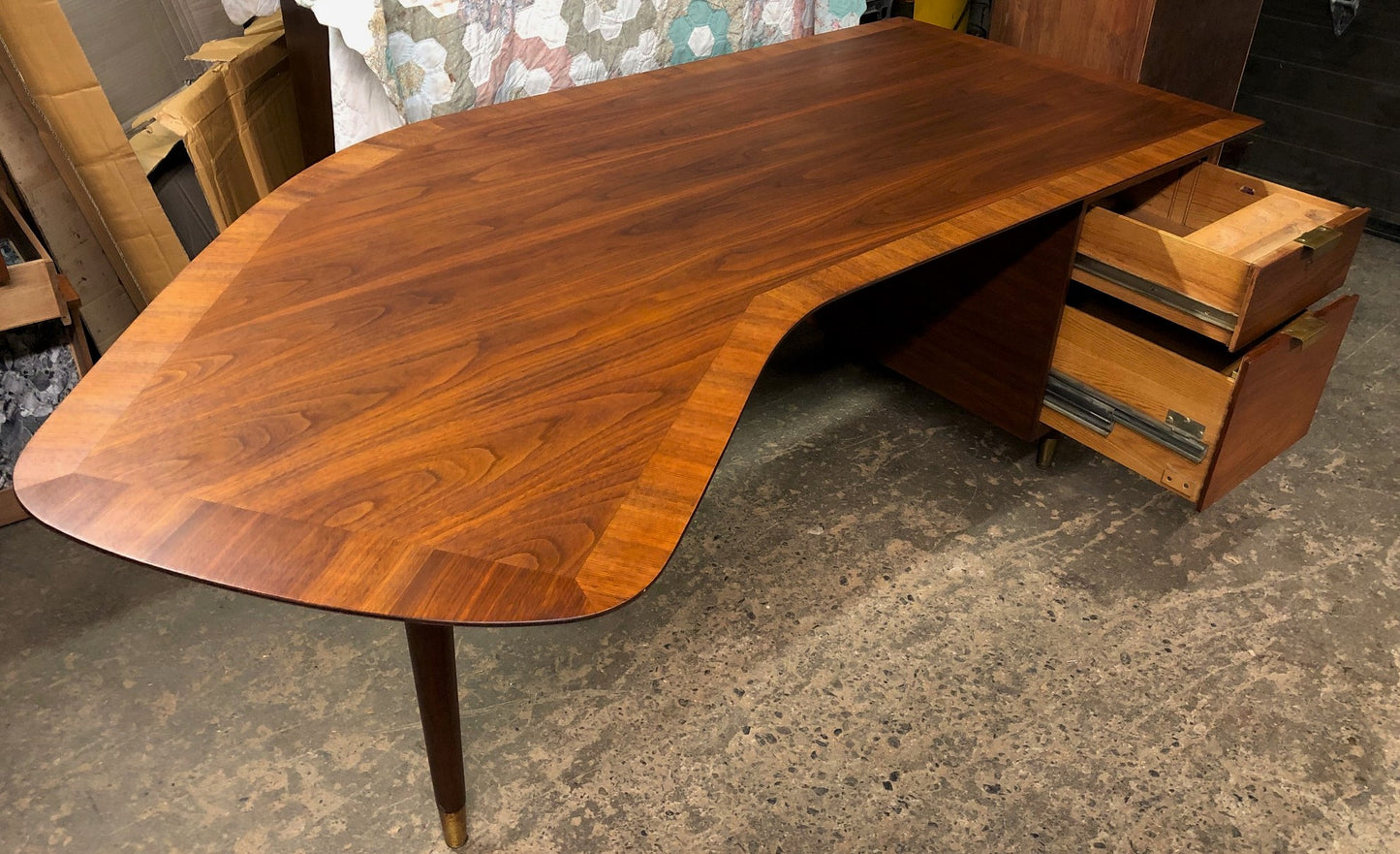 REFINISHED Large MCM Walnut Office Suite PERFECT (Desk Boomerang Shape & Office Console 83"/96") - Mid Century Modern Toronto