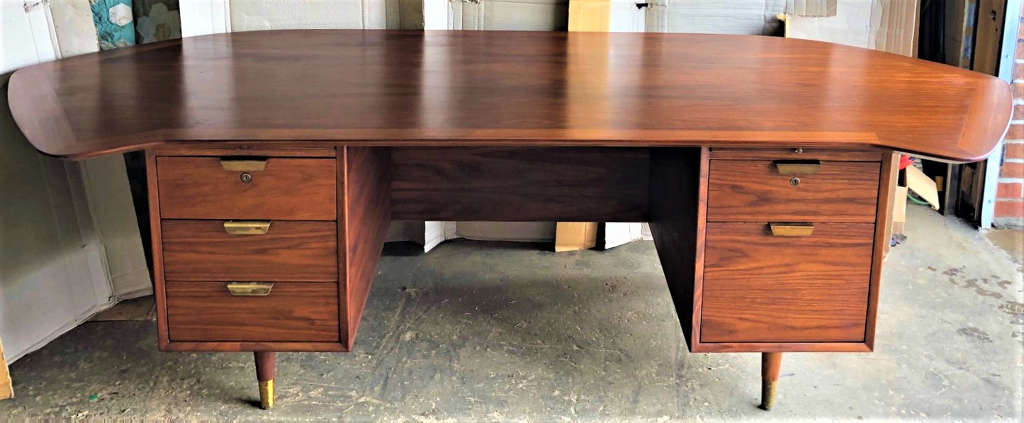 REFINISHED Large MCM Walnut Office Suite PERFECT (Desk Free-Standing & Office Console 98"/101") - Mid Century Modern Toronto