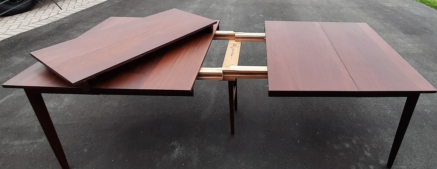 REFINISHED MCM Solid Teak Dining Table w 3 leaves 36"-96", seats 4-10/12 PERFECT, treated for durability - Mid Century Modern Toronto