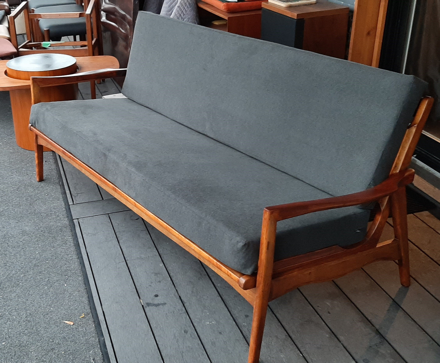 REFINISHED REUPHOLSTERED Mid Century Modern 3-Seater Sofa 6 ft Grey fabric PERFECT - Mid Century Modern Toronto