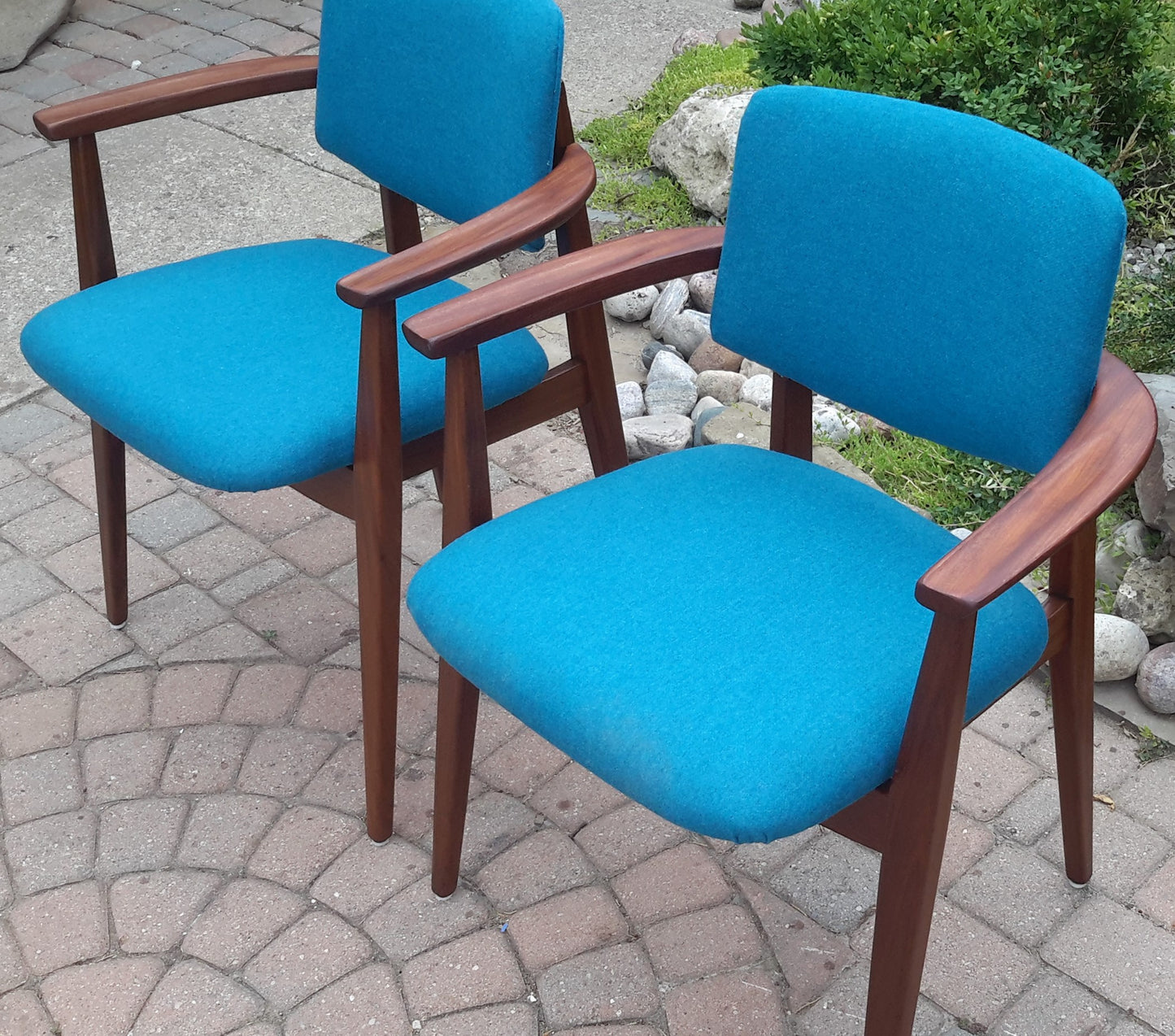 2 REFINISHED REUPHOLSTERED Solid Teak Arm Chairs by Jan Kuypers PERFECT, each $399 - Mid Century Modern Toronto