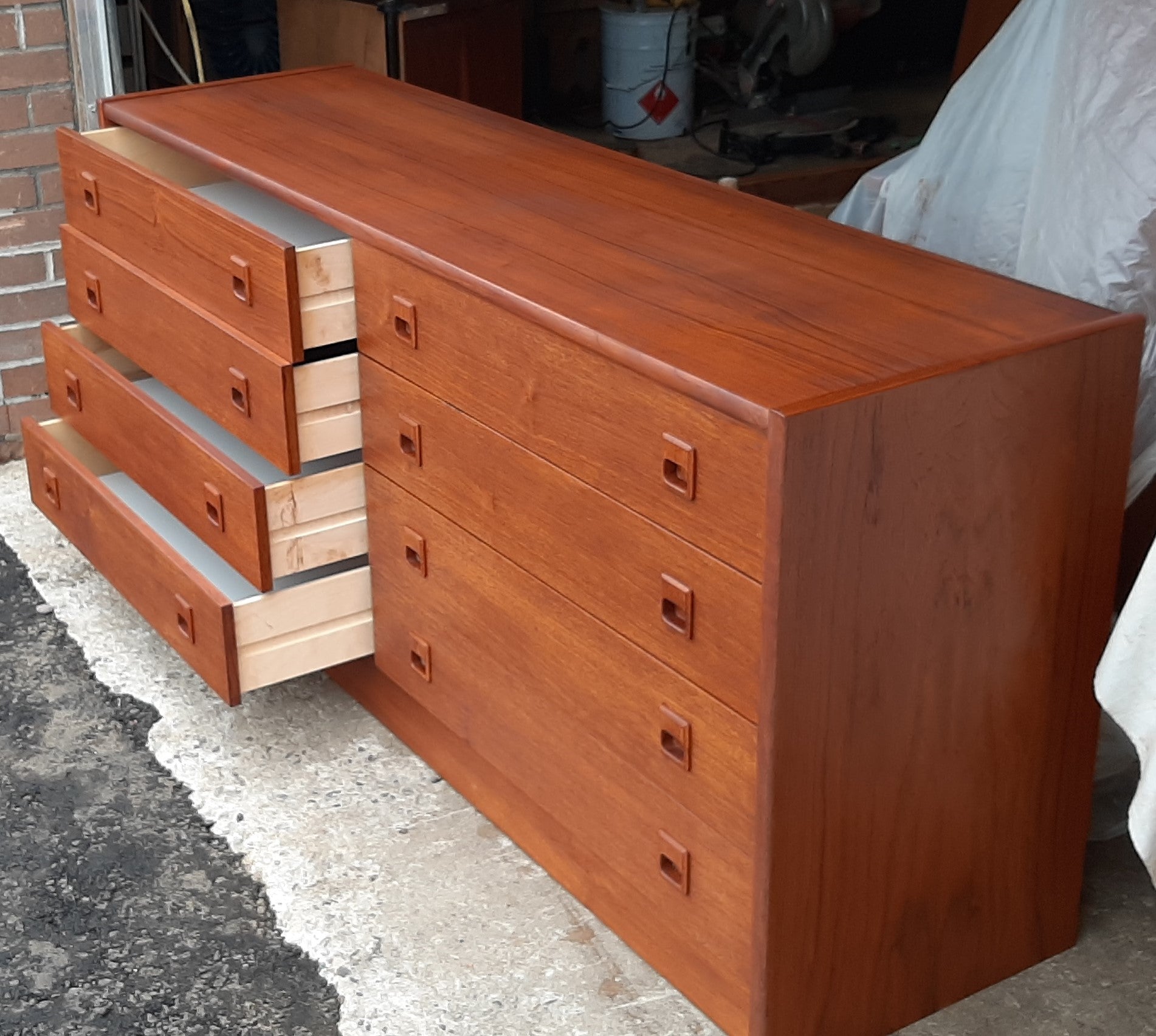REFINISHED MCM Teak Dresser 8 Drawers, Wardrobe , 2 Nigh Stands, Queen Bed w Bookcase Headboard, PERFECT - Mid Century Modern Toronto