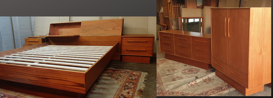 RESTORED MCM Teak Dresser 9 Drawers, Wardrobe , 2 Nigh Stands, Queen Bed w Headboard, Mirror, PERFECT - Mid Century Modern Toronto