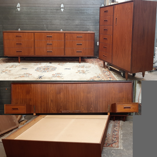 REFINISHED MCM Teak Dresser, Wardrobe, Queen Bed w floating nightstands PERFECT - Mid Century Modern Toronto
