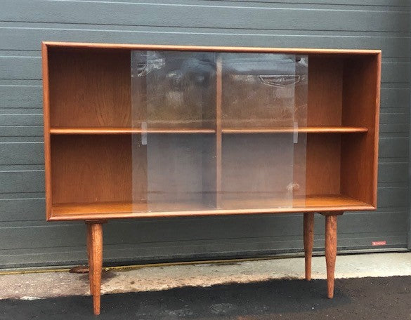 REFINISHED MCM Teak Bookcase Display w sliding glass doors 48", PERFECT - Mid Century Modern Toronto