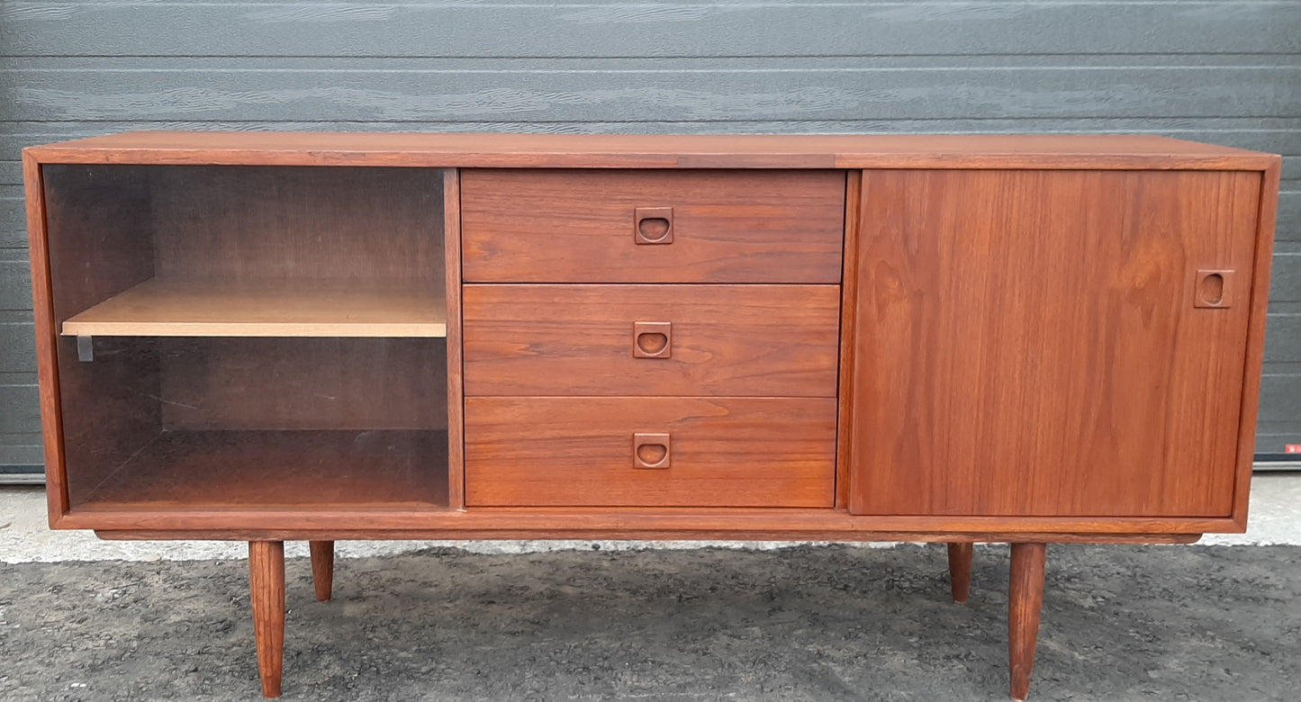 REFINISHED MCM Teak Credenza Sideboard, 60" Narrow with sliding glass & teak doors - Mid Century Modern Toronto
