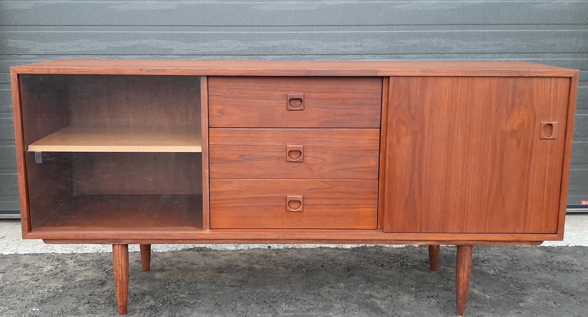 REFINISHED MCM Teak Credenza Sideboard, 60" Narrow with sliding glass & teak doors - Mid Century Modern Toronto