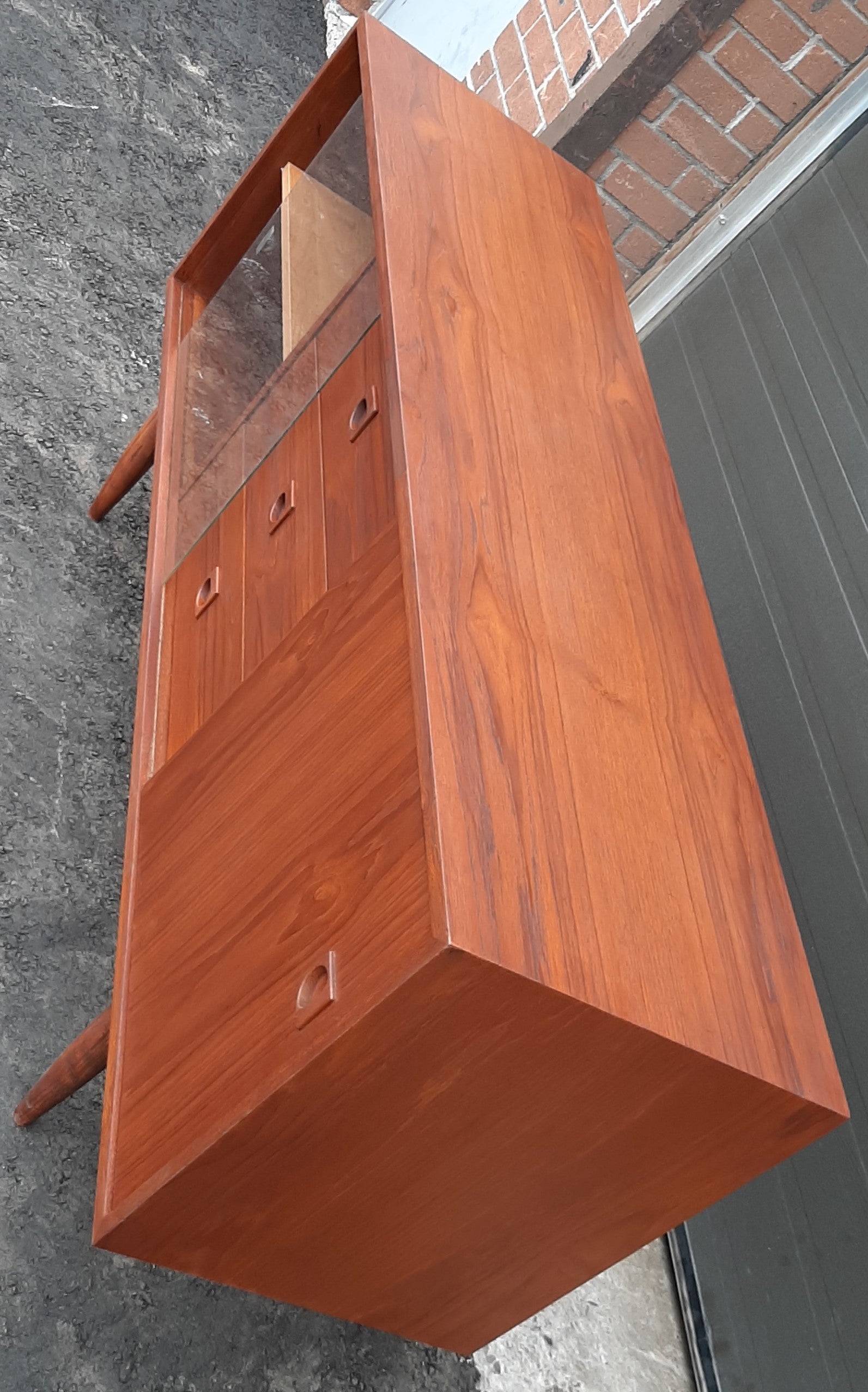 REFINISHED MCM Teak Credenza Sideboard, 60" Narrow with sliding glass & teak doors - Mid Century Modern Toronto