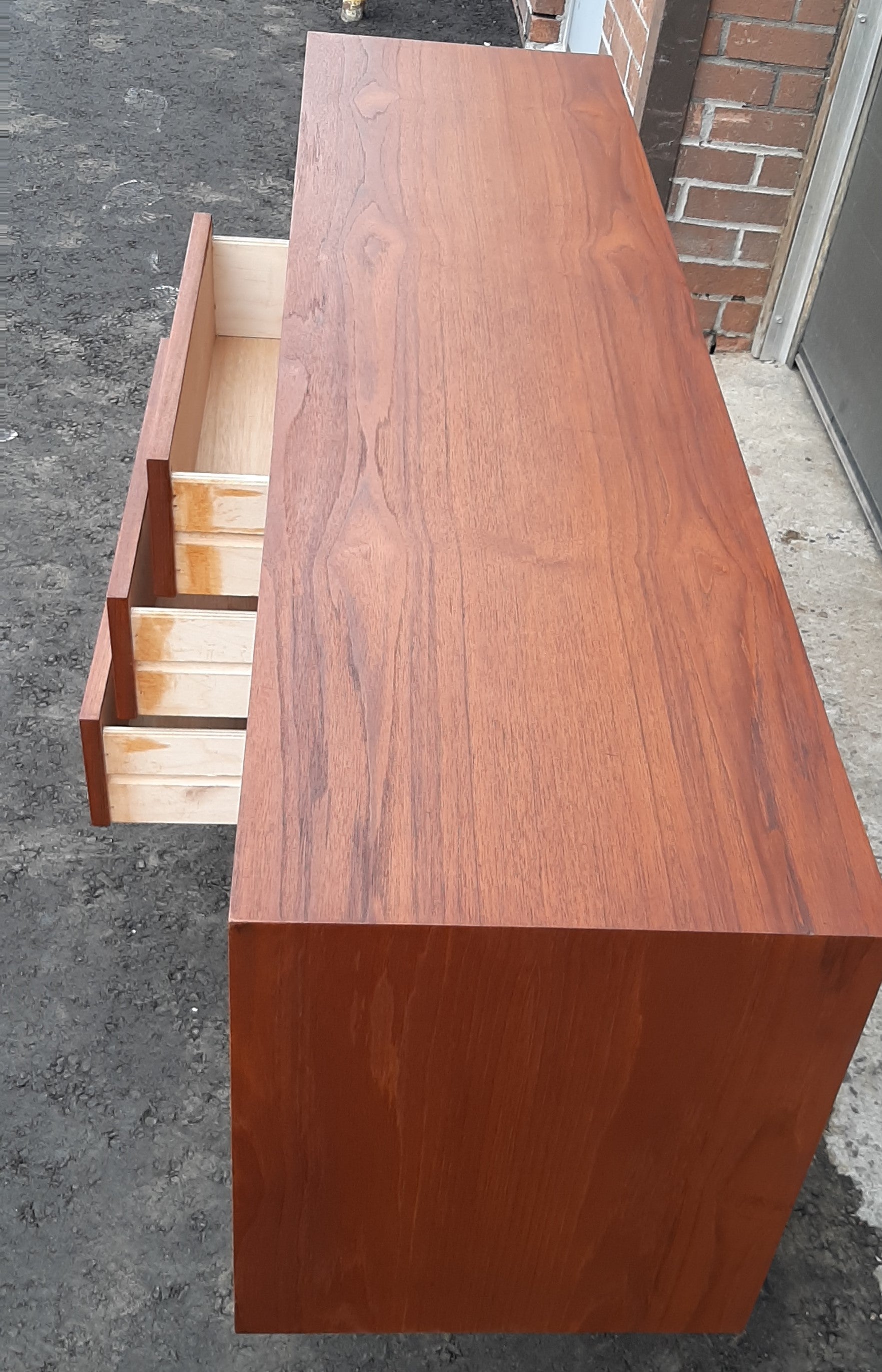 REFINISHED MCM Teak Credenza Sideboard, 60" Narrow with sliding glass & teak doors - Mid Century Modern Toronto
