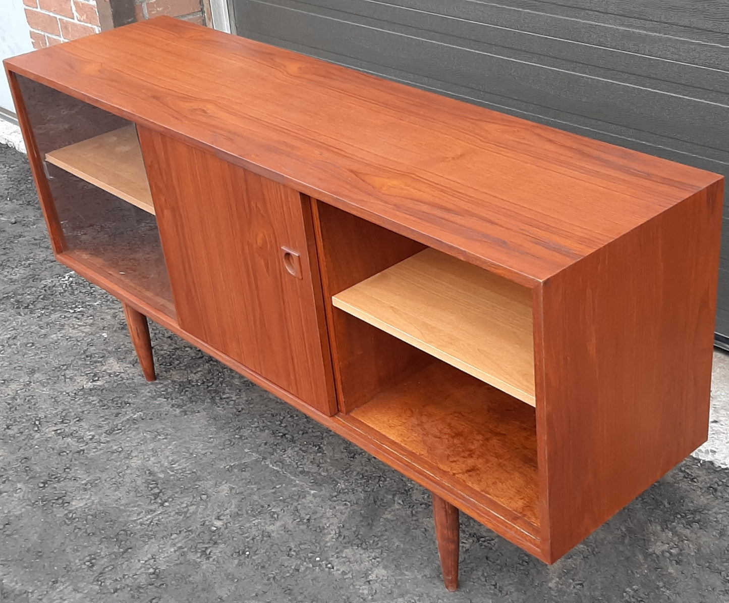 REFINISHED MCM Teak Credenza Sideboard, 60" Narrow with sliding glass & teak doors - Mid Century Modern Toronto