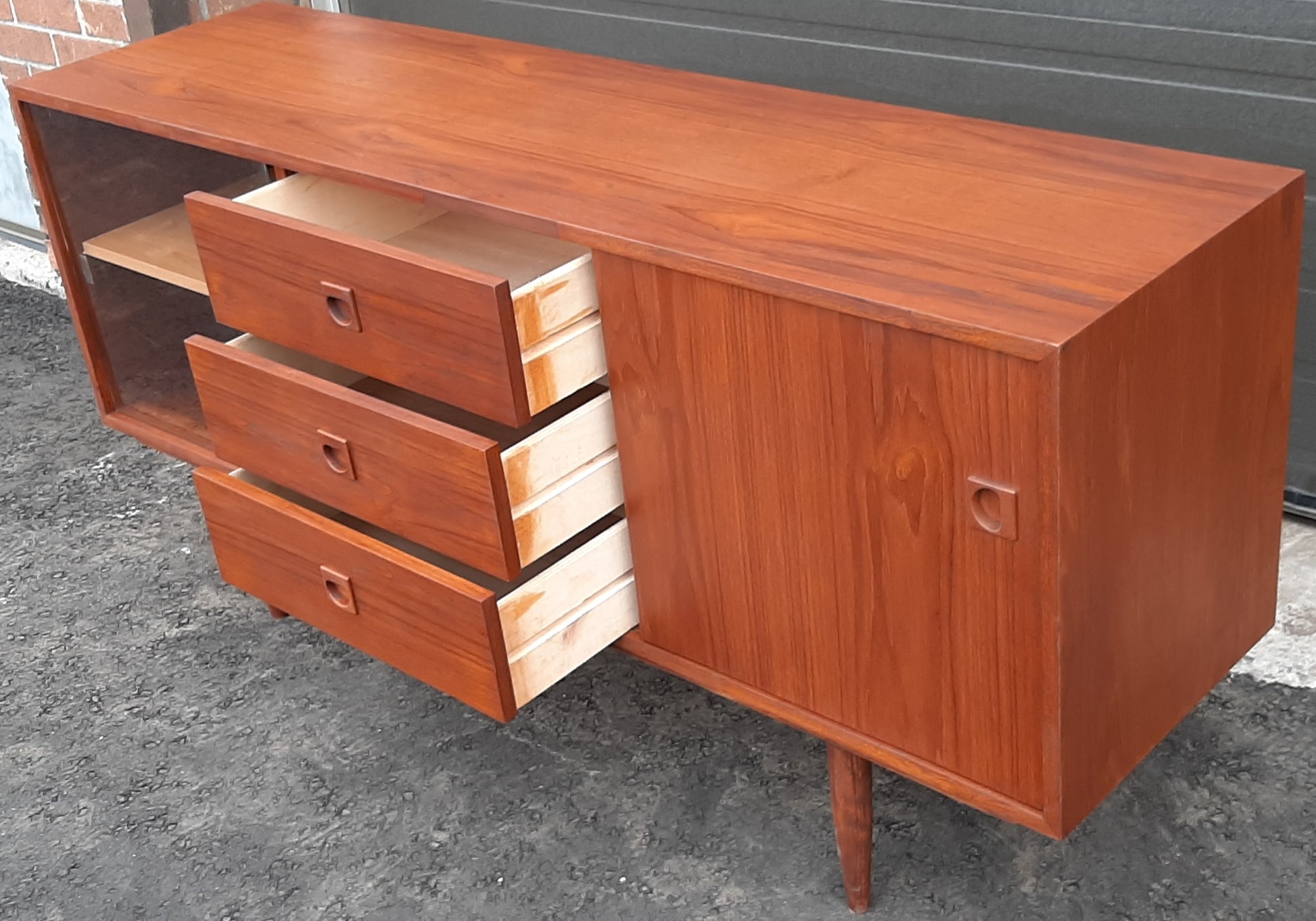 REFINISHED MCM Teak Credenza Sideboard, 60" Narrow with sliding glass & teak doors - Mid Century Modern Toronto