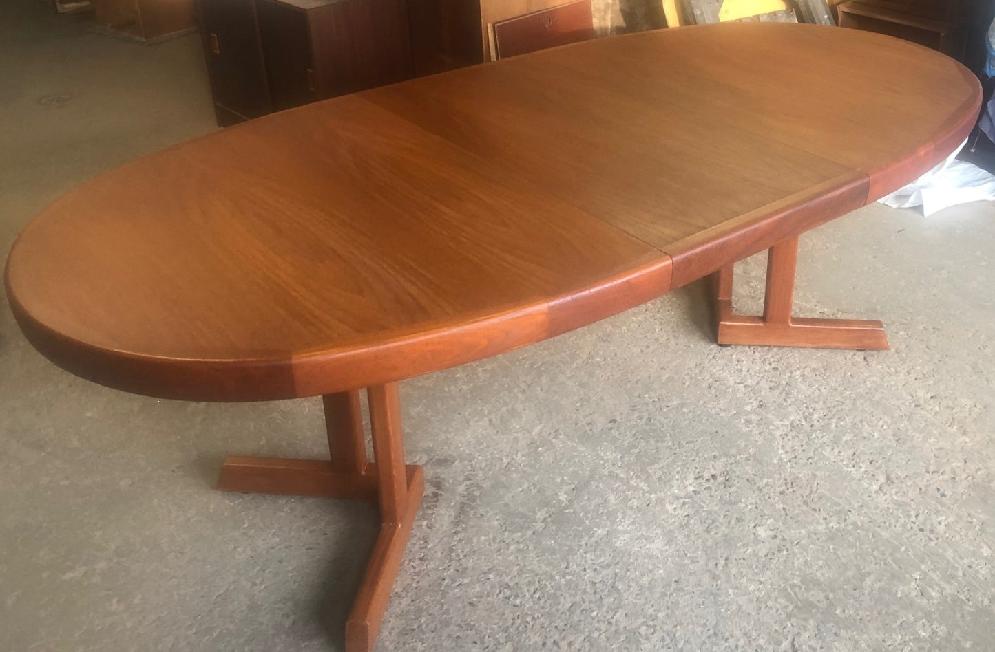 REFINISHED MCM Teak Dining Table Oval w 1 leaf large 67" - 88", treated for durability, PERFECT - Mid Century Modern Toronto