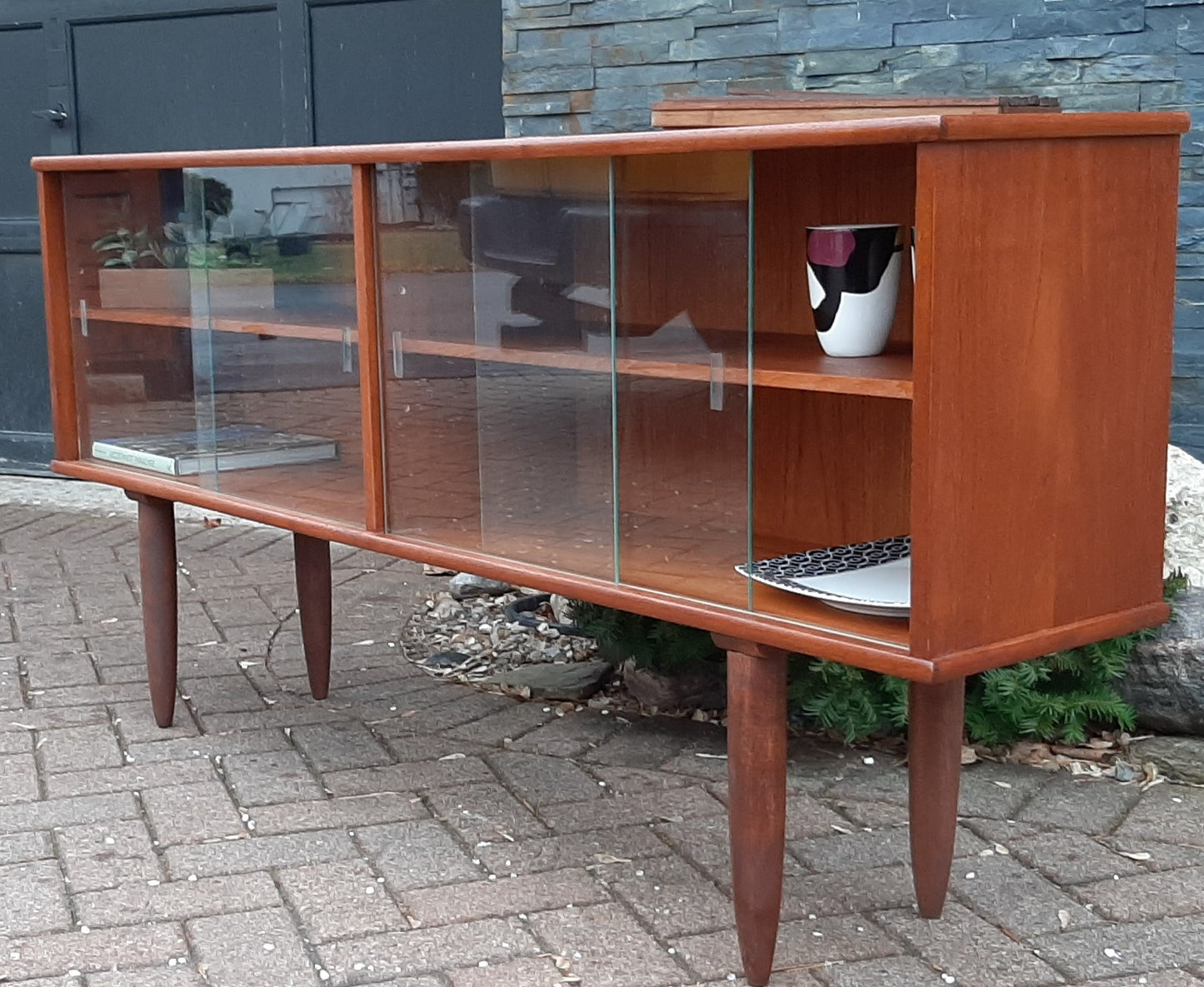 REFINISHED Danish MCM Teak Bookcase Display Media Console w sliding glass doors 63", PERFECT - Mid Century Modern Toronto